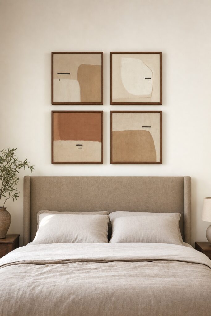 Four large square frames in a two-by-two block above a bed, narrower than the headboard