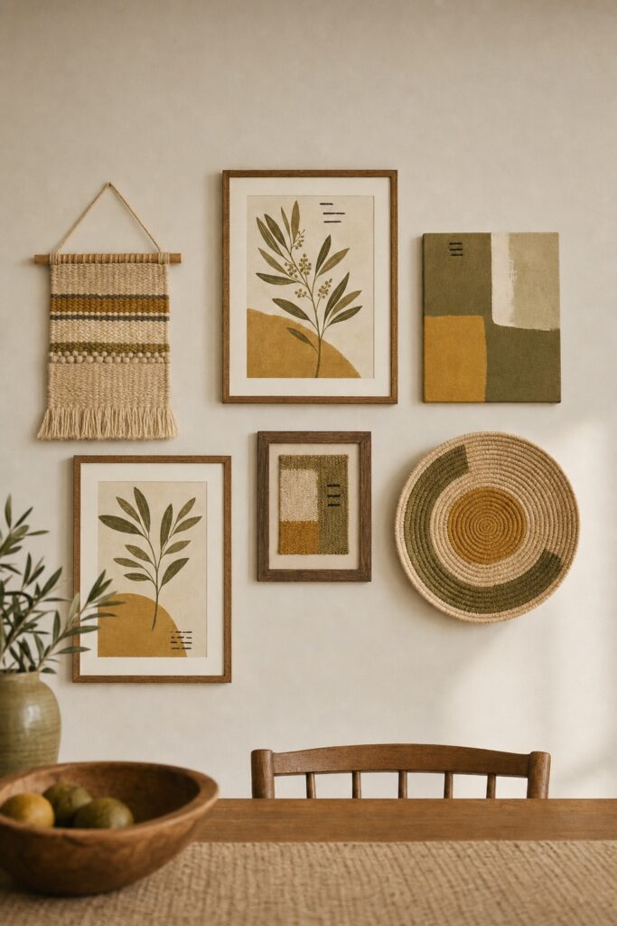 Six pieces in a dining room sharing an olive and ochre palette, including a woven hanging and a framed textile