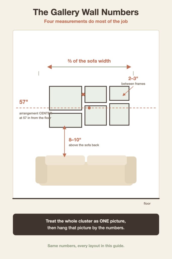 Diagram of gallery wall hanging numbers: center the arrangement at 57 inches, keep 2 to 3 inches between frames, span two-thirds of the sofa width, and start 8 to 10 inches above the sofa back.