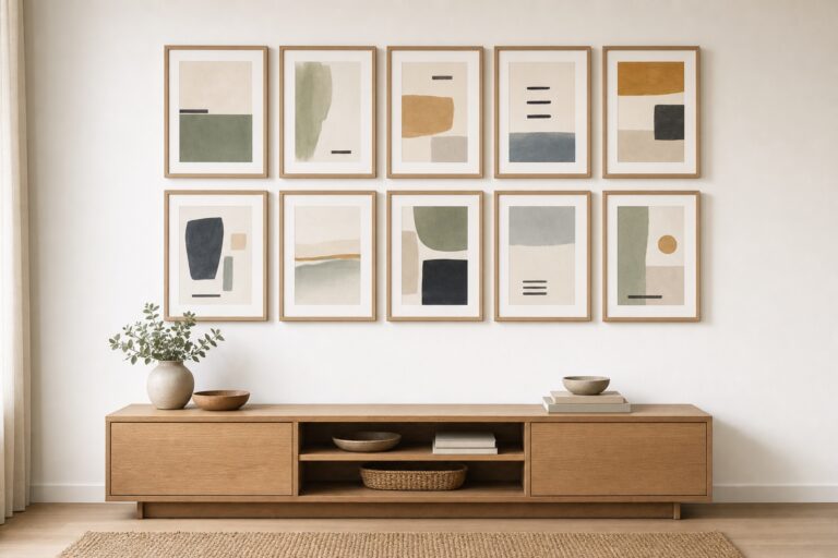 A composed gallery wall of mixed art in identical slim frames above a low console