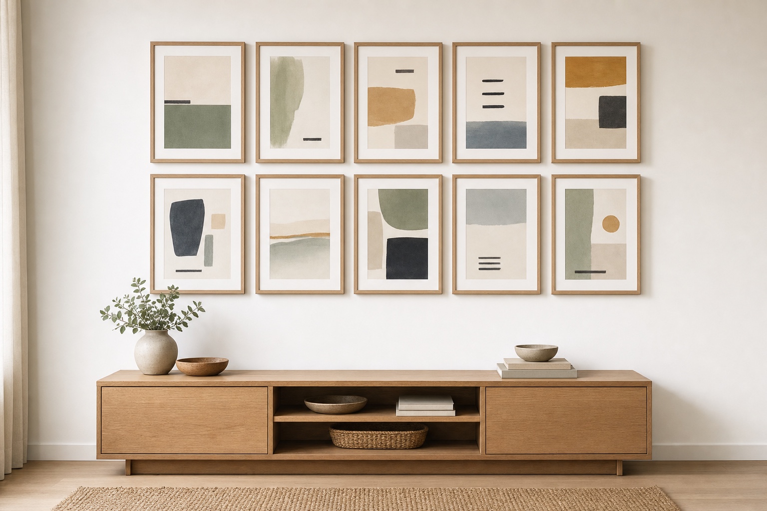 A composed gallery wall of mixed art in identical slim frames above a low console