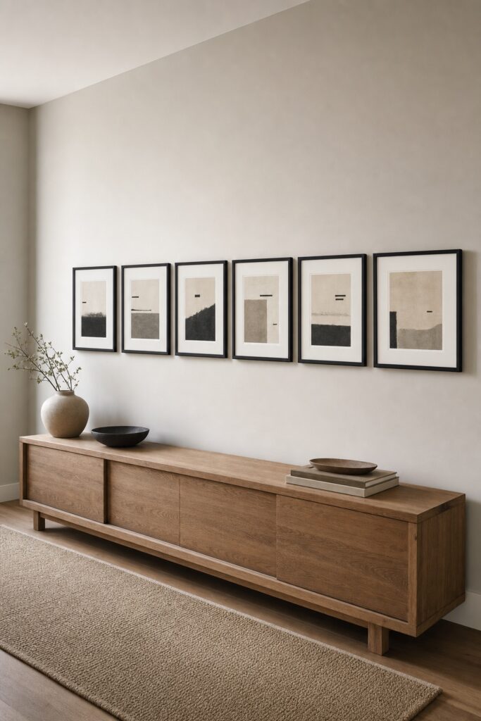 Six identical frames in a single evenly spaced line above a long console