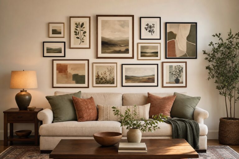 Warm living room with a collected gallery wall above the sofa: mixed wood and black frames holding wordless abstract and botanical art, centered over an oatmeal sofa.