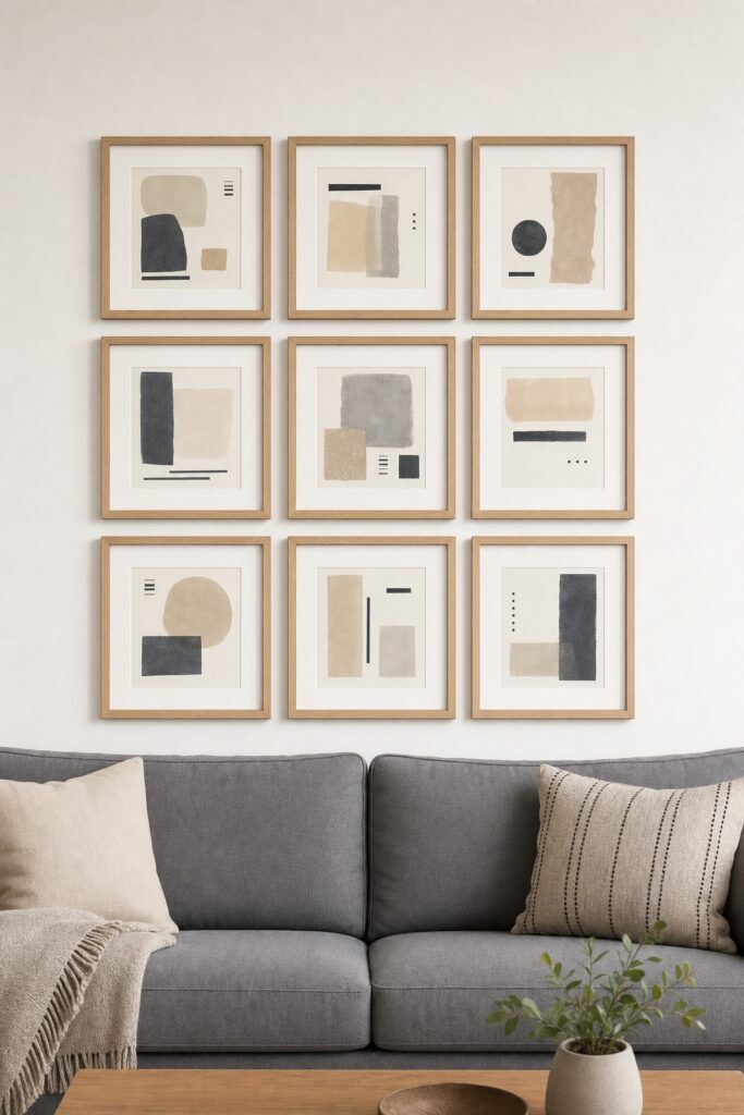 Nine identical square frames in three even rows of three above a sofa