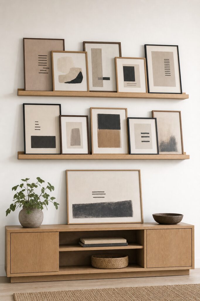 Two picture ledges holding overlapping leaning frames, with one large piece leaning on a console below