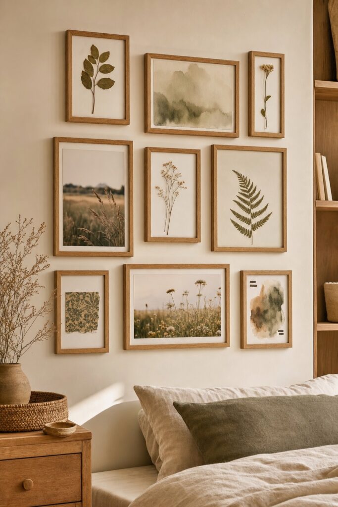 Nine warm oak frames of varying proportions holding pressed leaves, watercolors and photographs on a bedroom wall