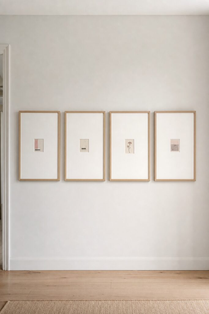 Four large frames in a hallway, each holding a very small print centered in an enormous white mat