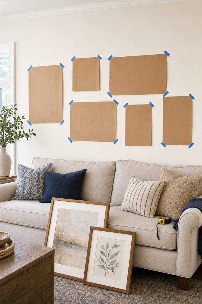 Gallery wall planning in progress: blank kraft paper rectangles taped to the wall above a sofa with blue painter's tape, with frames and a tape measure waiting below.