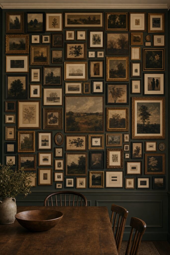 A dense salon-style arrangement covering a whole dining room wall to a defined edge on all four sides