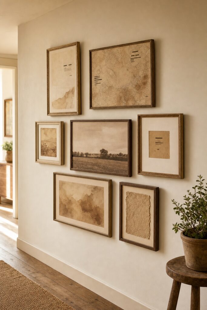 A hallway wall of seven pieces in tea-stain, sand and pale brown tones