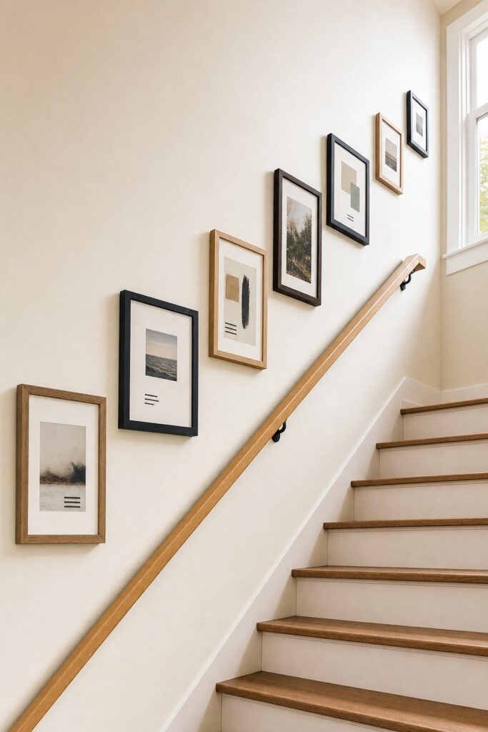 Framed pictures stepping up a staircase wall on a line parallel to the handrail