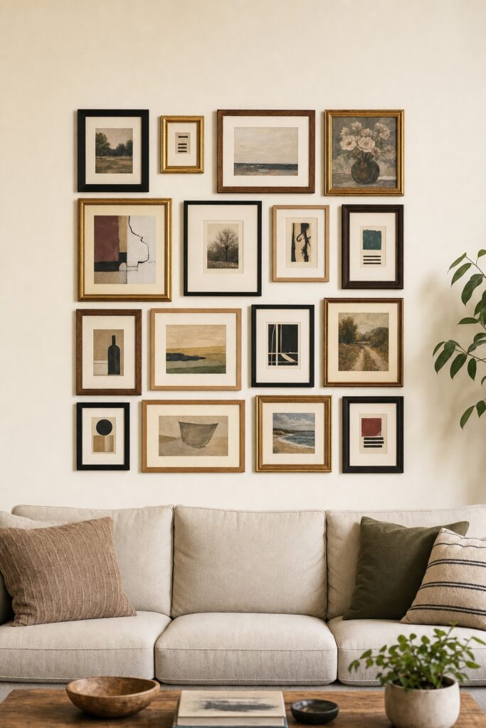 Fourteen mismatched frames arranged so their outer edge forms a clean rectangle above a sofa