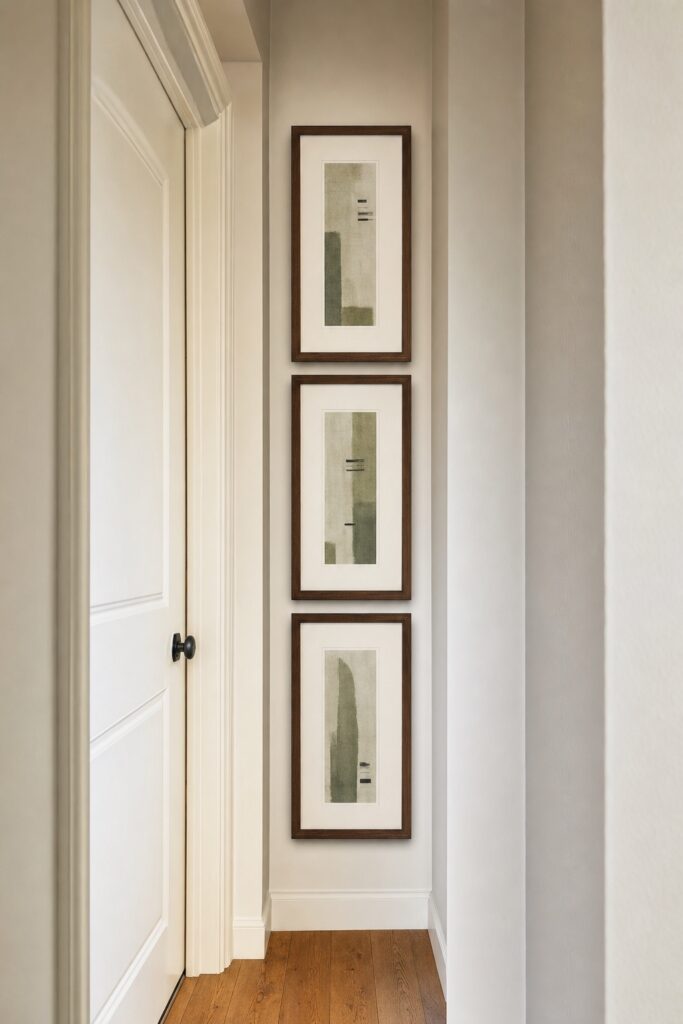 Three identical frames stacked vertically on a narrow strip of wall beside a doorway
