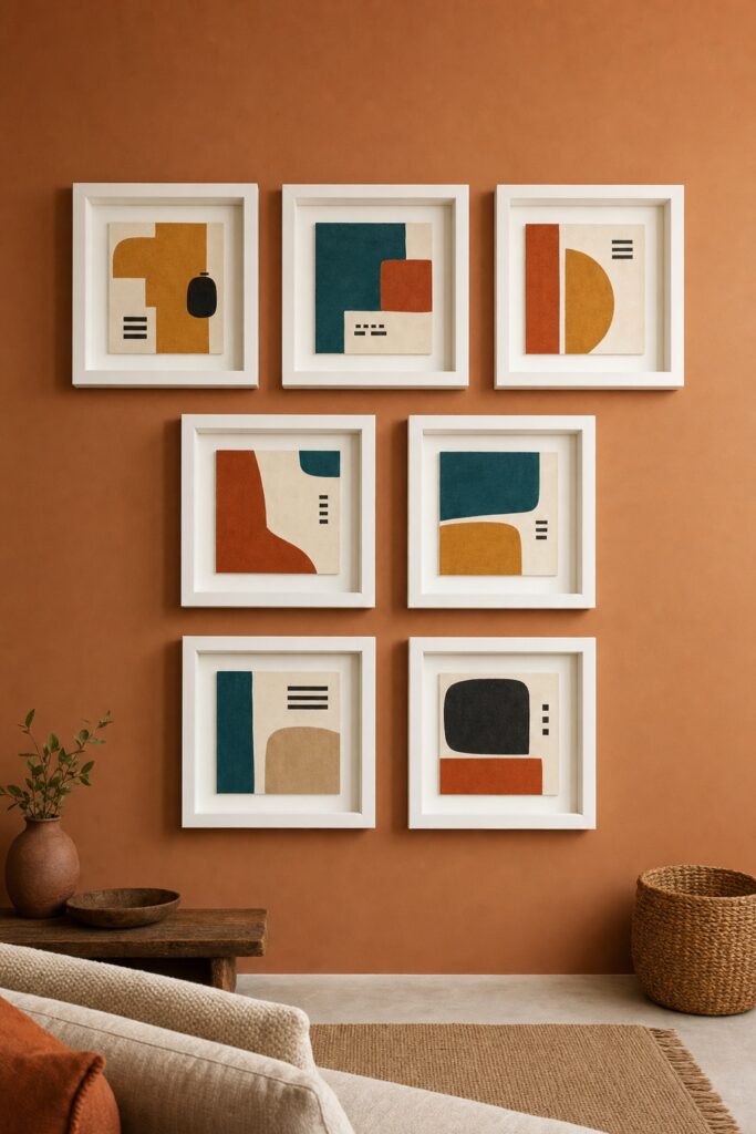 Seven deep white frames holding bold abstract shapes on a soft clay-colored wall