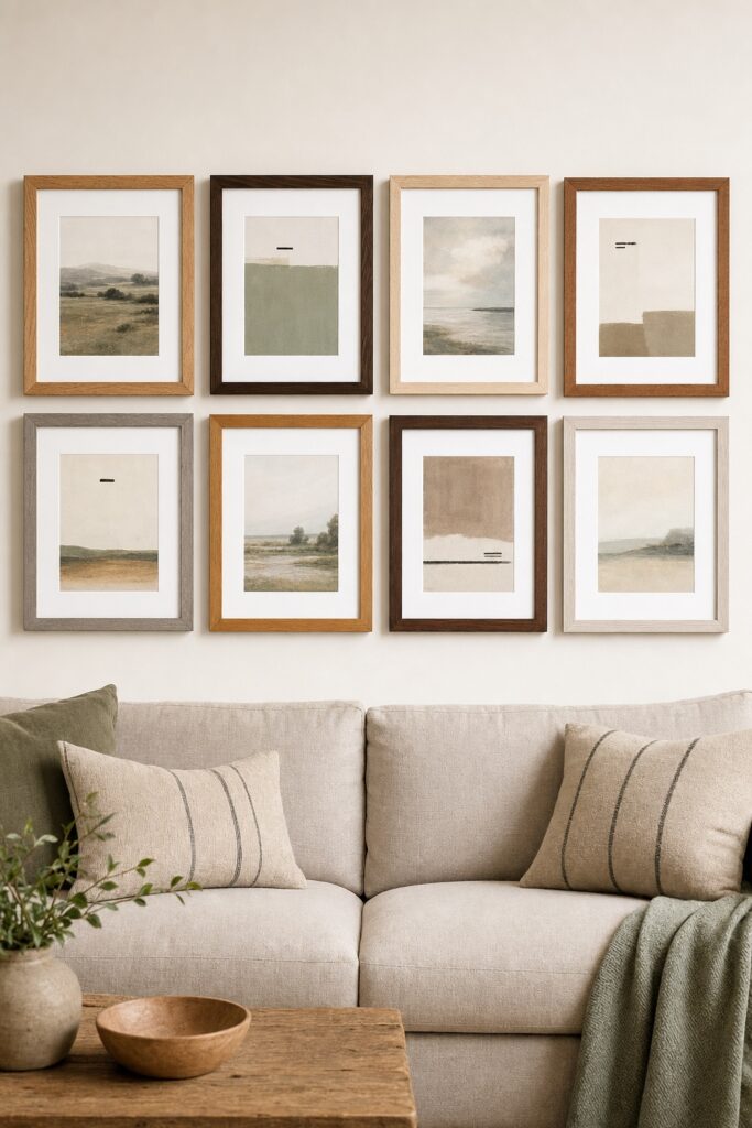 Eight pictures above a sofa in oak, walnut, ash and gray frames, every one with the same wide white mat