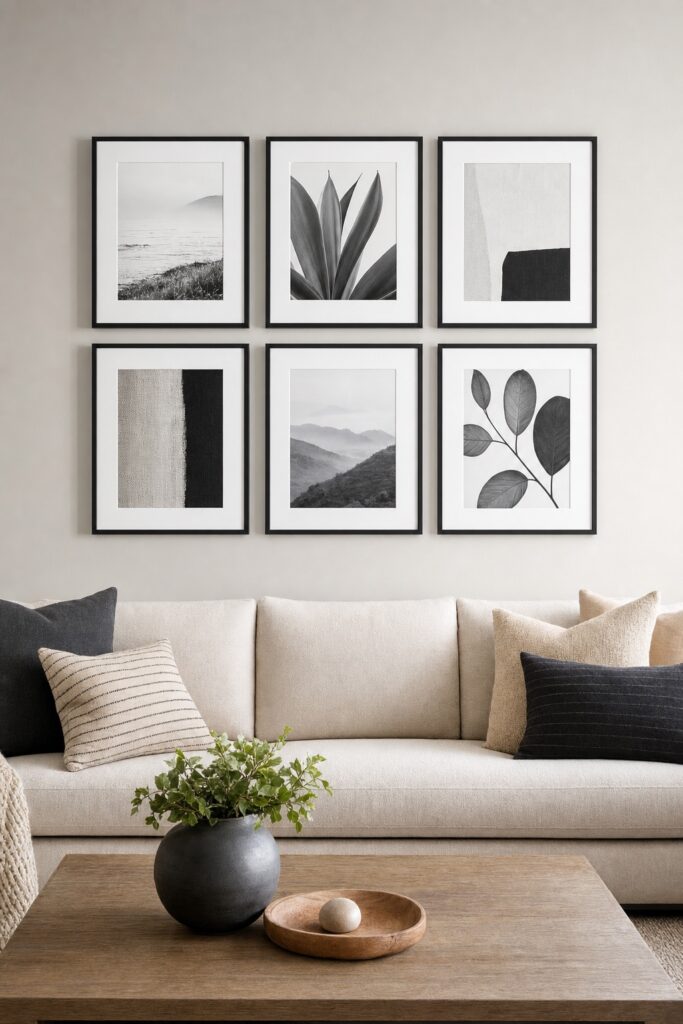 Grid gallery wall in a living room: six identical thin black frames with white mats in two precise rows of three, evenly spaced above a neutral sofa.