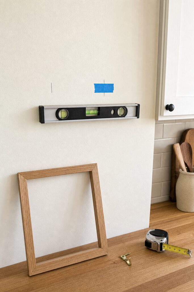 Spirit level and pencil marks with painter's tape on a kitchen wall being prepared to hang a frame