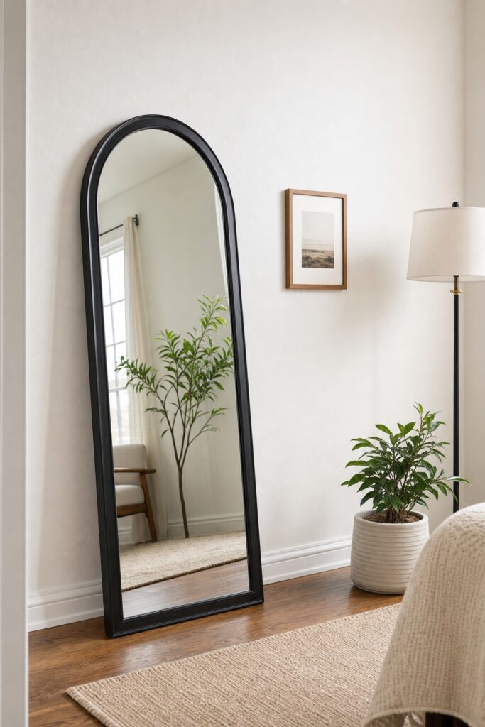 Large heavy mirror leaning safely against the wall while only a small light frame hangs from adhesive strips