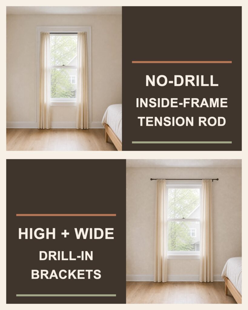 Two small-bedroom curtain examples: an inside-frame tension rod and high-and-wide drill-in brackets