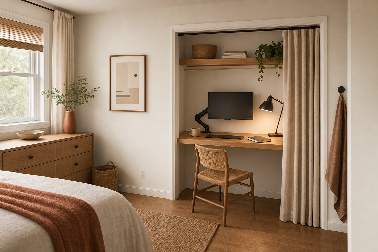 Reach-in closet converted into a home office nook with a desk surface, shelf above and a curtain pulled to one side