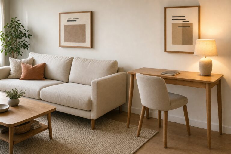 A slim light-oak desk beside a cream sofa in a living room, its surface clear except for one lamp
