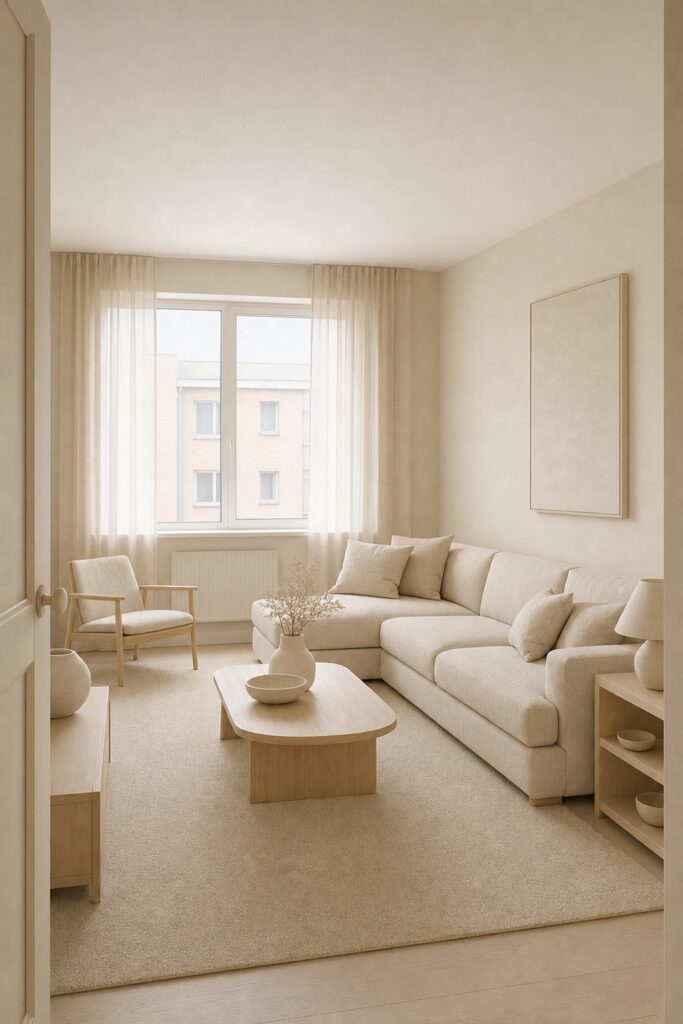 An entirely beige room with pale wood and no dark object anywhere - the most common Japandi miss