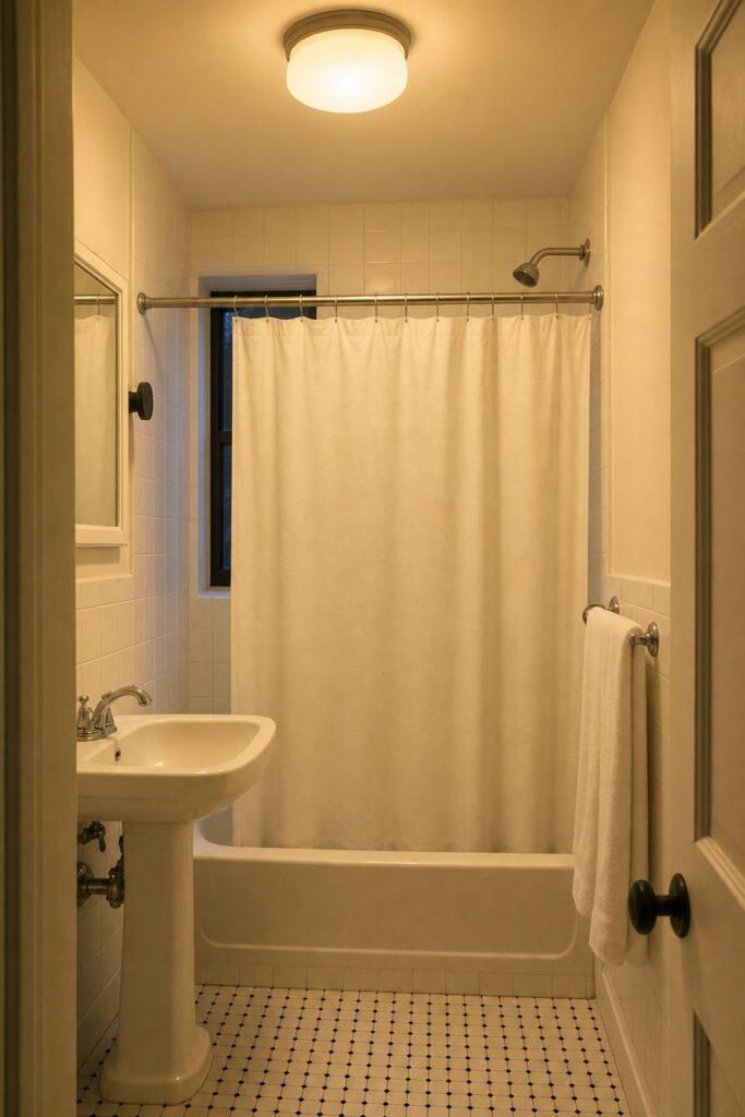 Plain bathroom with only two changes made, a warm bulb and a plain off-white curtain, everything else unchanged