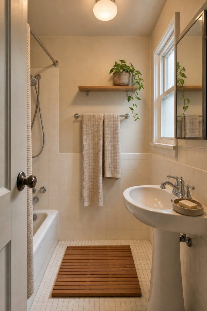 Teak mat oatmeal towels stone tray small plant and a soft shaded light shown together in a small bathroom