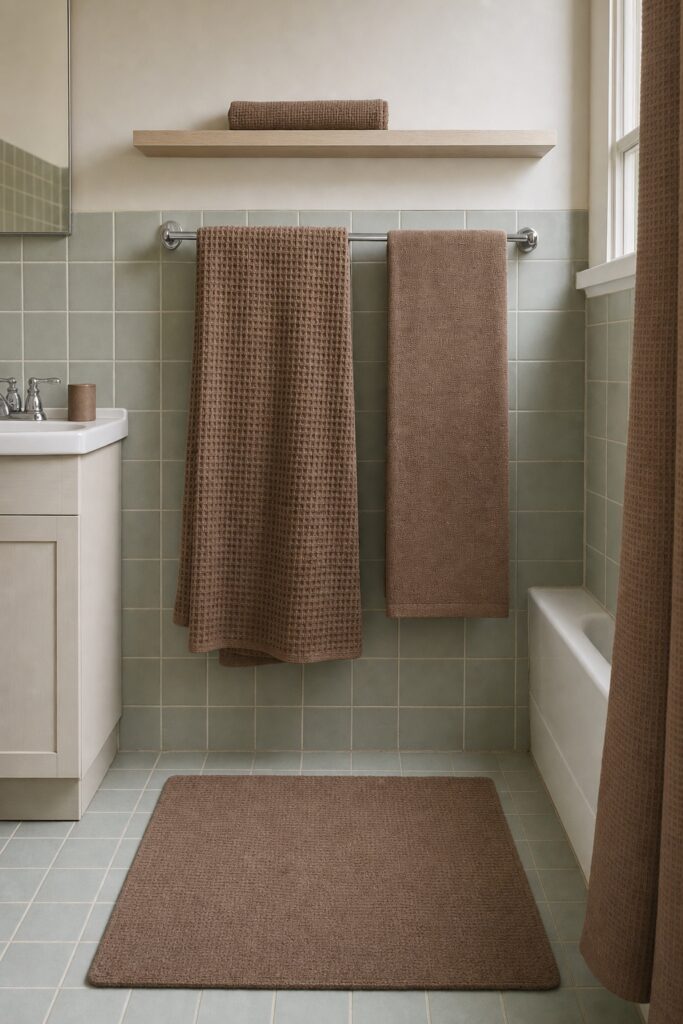 Matching waffle and flat woven towels in one muted clay color hanging in a small bathroom