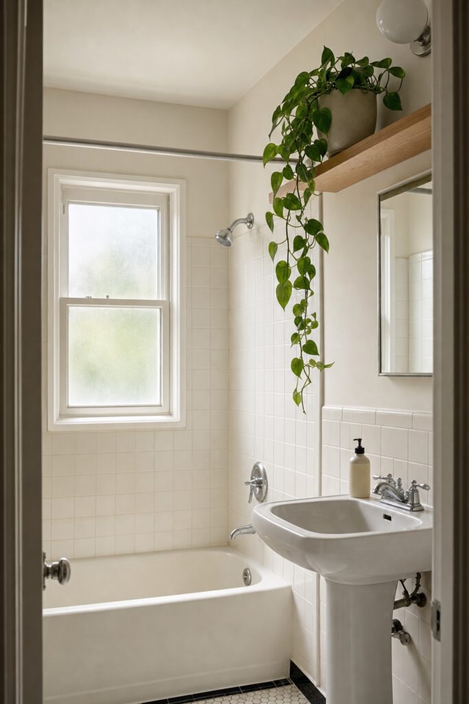 Single trailing pothos in a stoneware pot on a high bathroom shelf near a small window