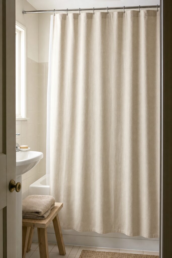 Plain oatmeal cotton shower curtain hung high and straight over a standard bathtub in a small bathroom