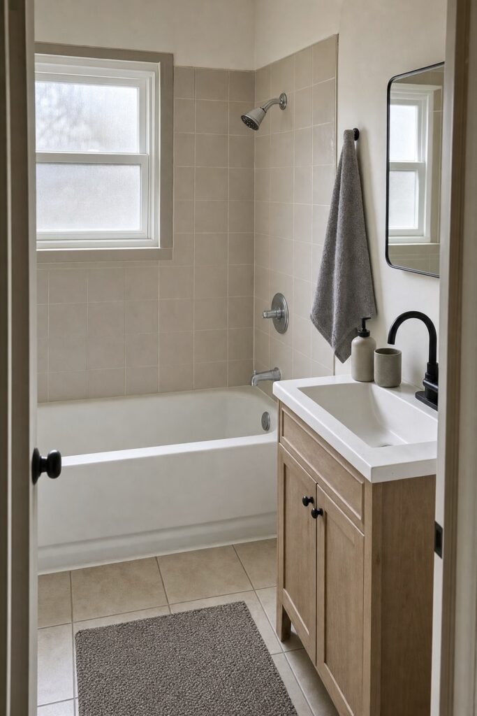 Bathroom tub edge and sink cleared of plastic bottles with only a ceramic tumbler and one refill pump left