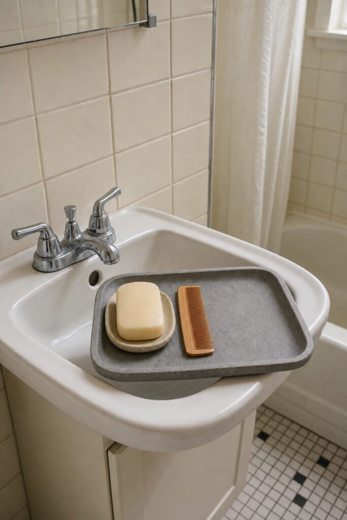 Shallow stone tray on a bathroom sink holding a soap bar and a comb with a third of the tray left empty