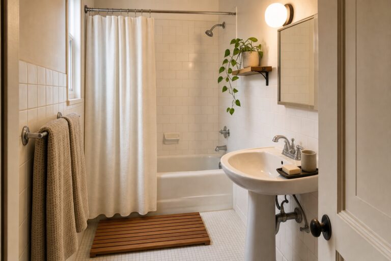 Small white-tiled bathroom styled in japandi materials with a slatted teak mat oatmeal towels and a warm shaded light