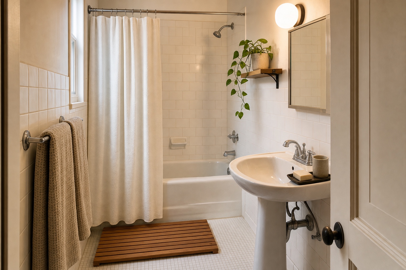 Small white-tiled bathroom styled in japandi materials with a slatted teak mat oatmeal towels and a warm shaded light