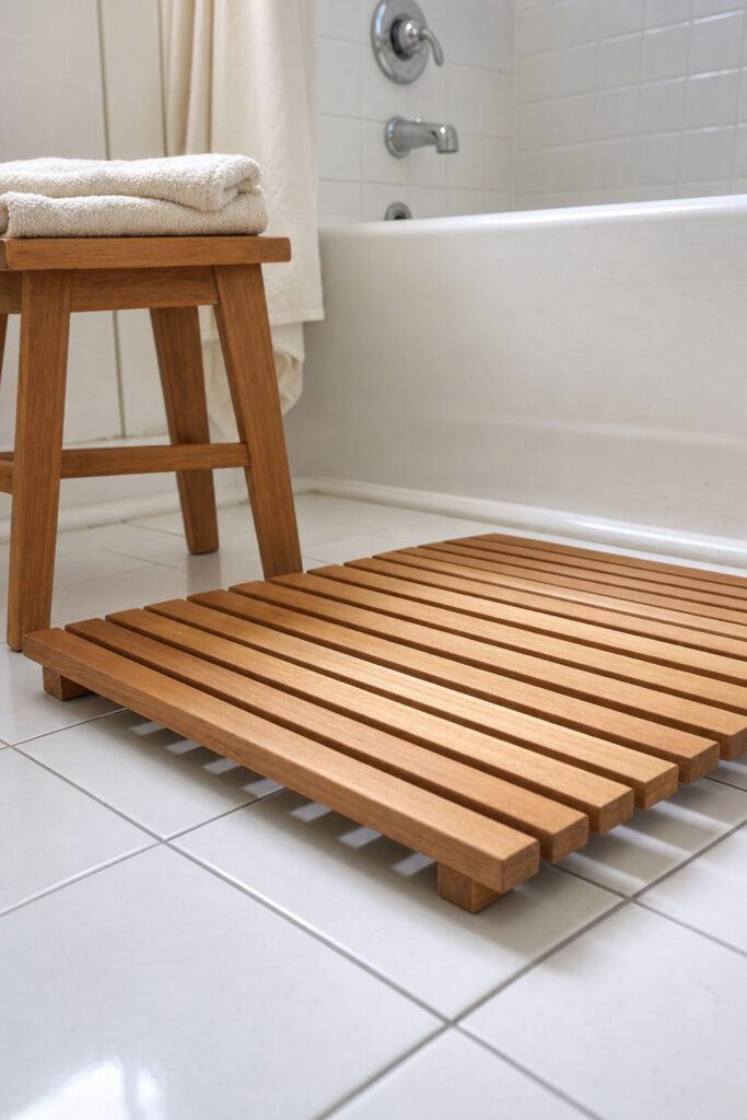 Slatted teak bath mat on a tiled bathroom floor beside a tub with visible gaps between the slats