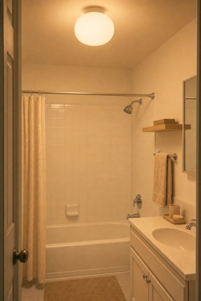 Soft opal glass shade over a bathroom ceiling light casting warm light across plain tile