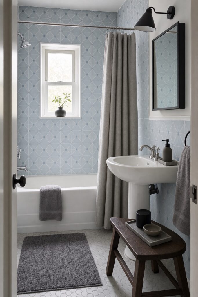 Bathroom with cool blue-gray patterned tile styled with stone gray textiles dark wood and a black shade