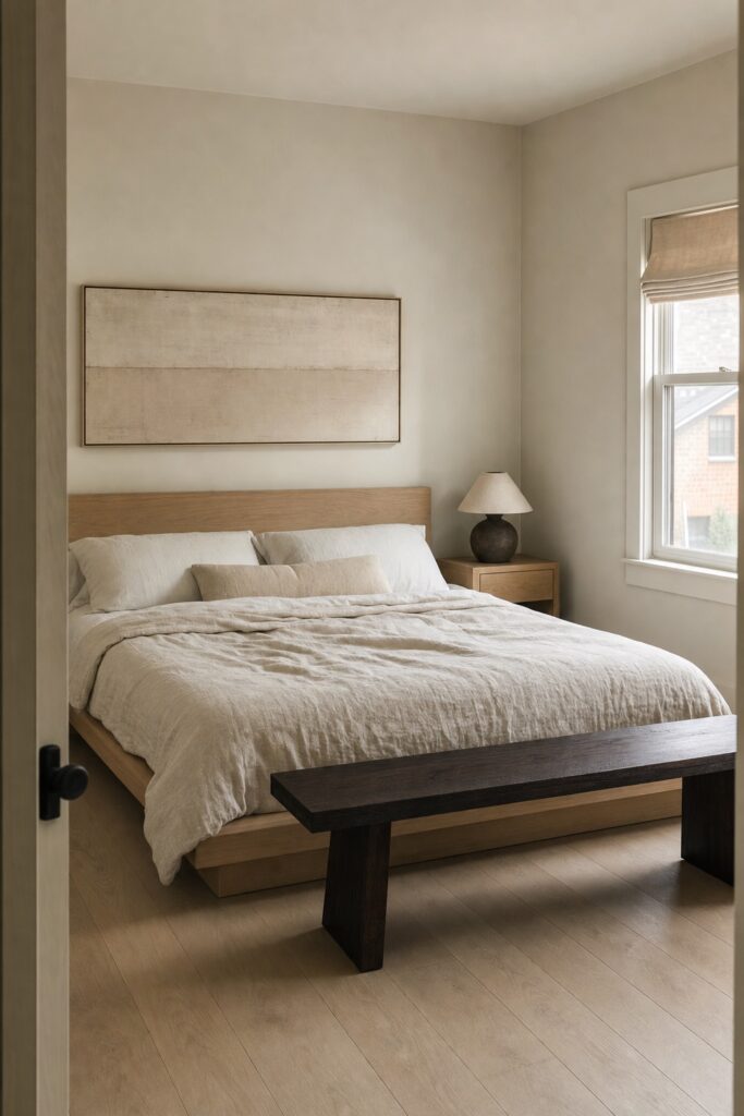 Small Japandi bedroom in oatmeal and ash with a dark bench at the foot of the bed