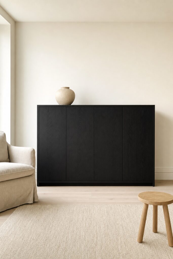 Warm white room where a single large black-stained oak cabinet acts as the room's only dark anchor