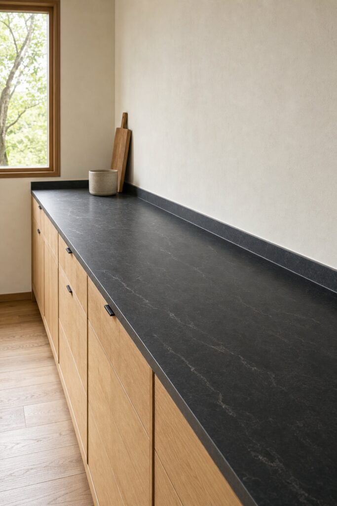 A long kitchen counter run kept completely clear apart from a wooden board and one ceramic crock