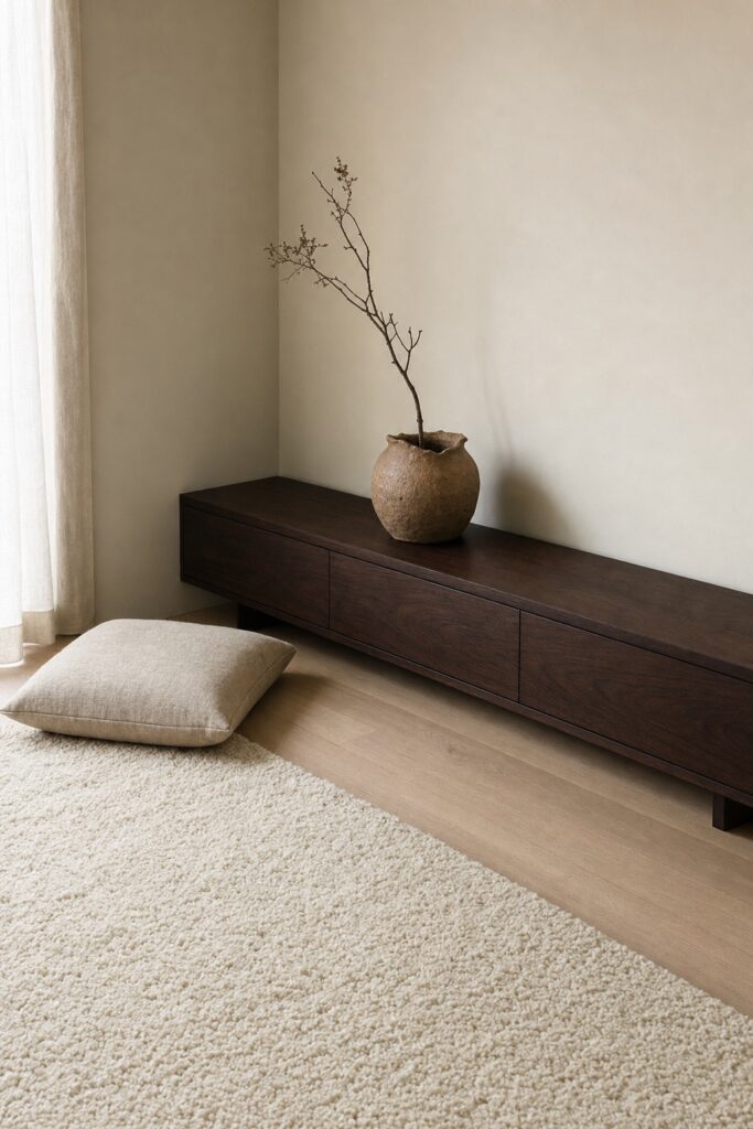A corner combining all five Japandi moves: pale wall, dark walnut console, linen textures, one hand-thrown vessel and clear floor