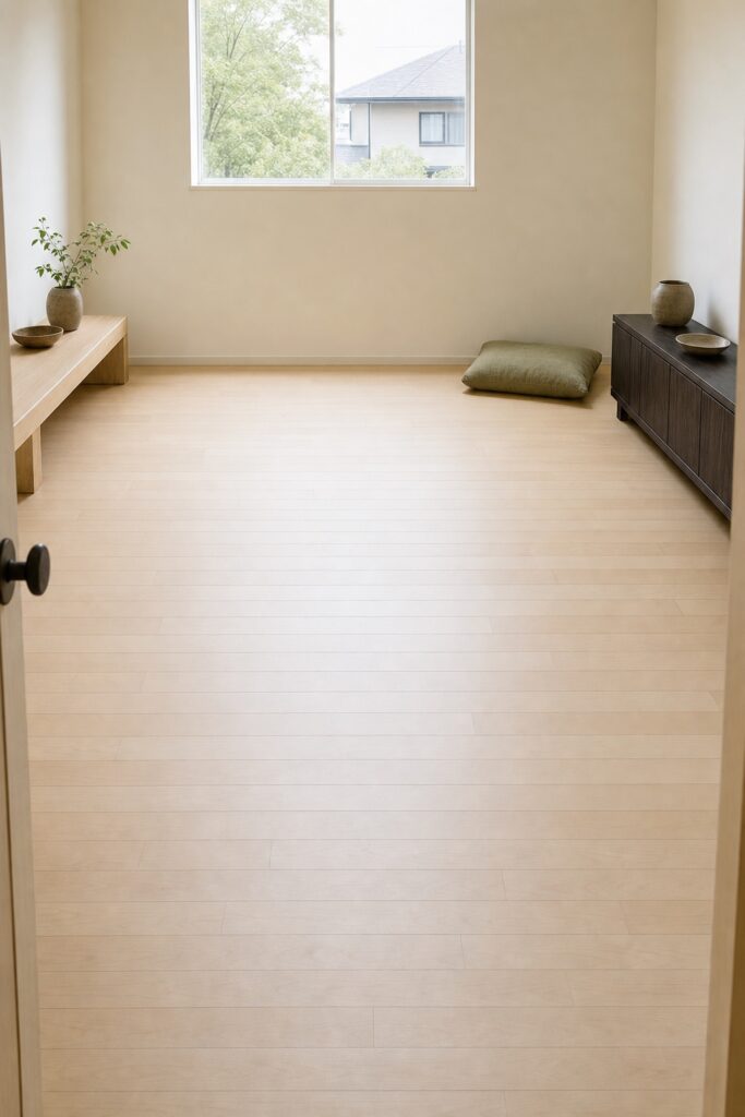 Cream room with furniture kept to the edges so one clear rectangle of floor stays completely empty