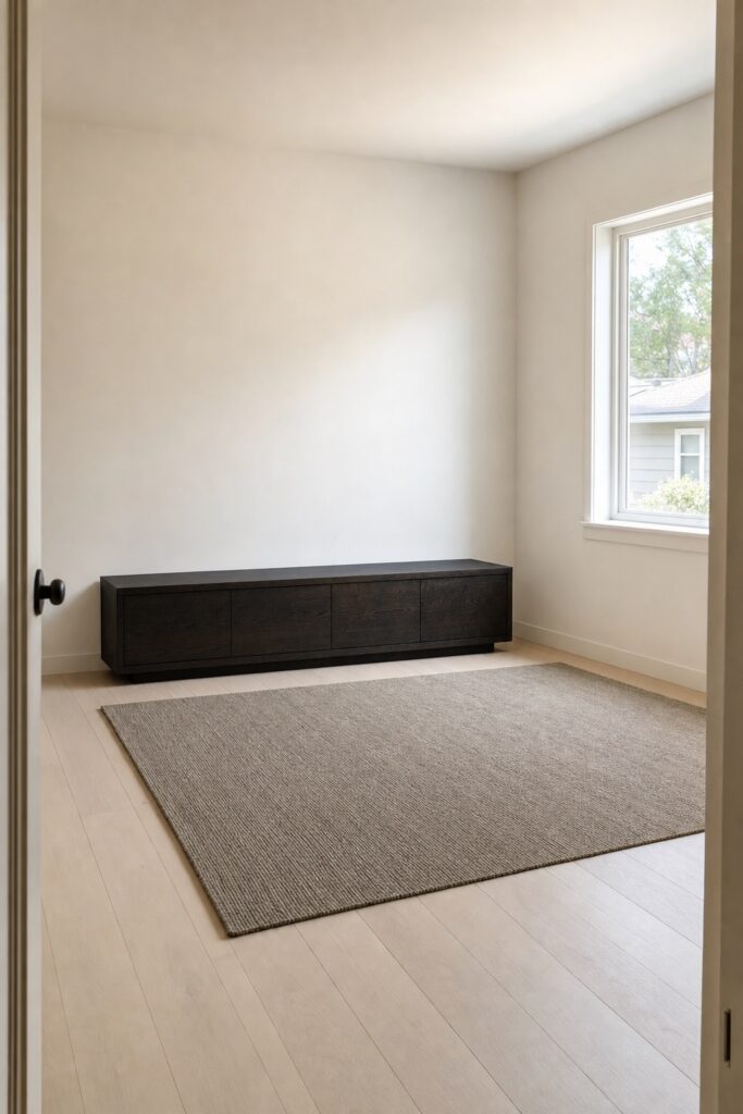 A nearly empty pale room holding only the first two purchases: one low dark sideboard and a rug