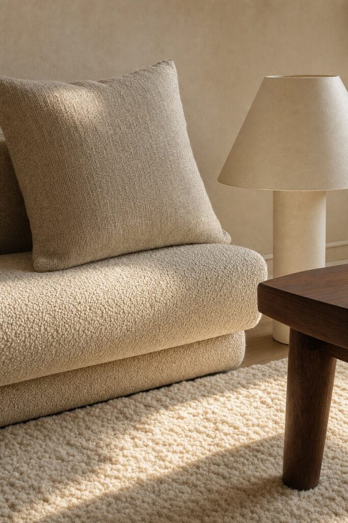 Four textures in one oatmeal color family: boucle seat, woven linen cushion, paper lampshade and a deep-pile rug