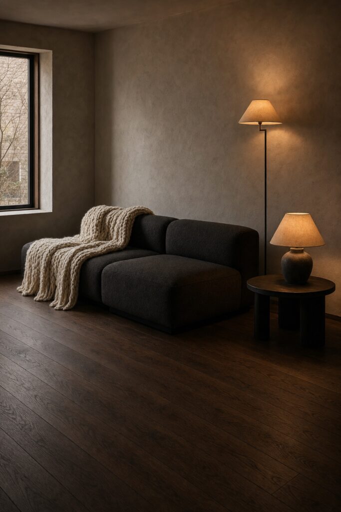 Charcoal sofa against warm grey plaster walls, warmed by one thick cream throw and two lamps at different heights