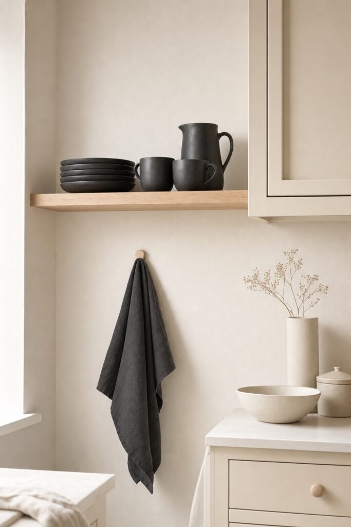Charcoal stoneware plates mugs and a jug grouped on an open shelf in an otherwise pale kitchen
