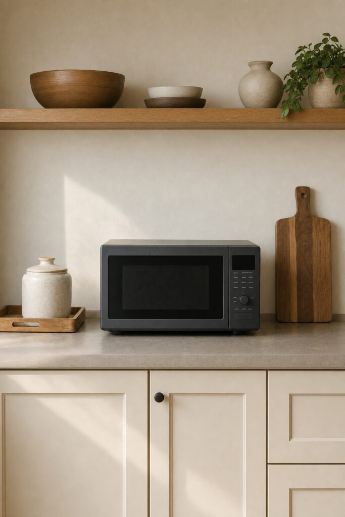 Countertop microwave with clear air space around it, flanked by a wooden tray and a ceramic jar, nothing stacked on top