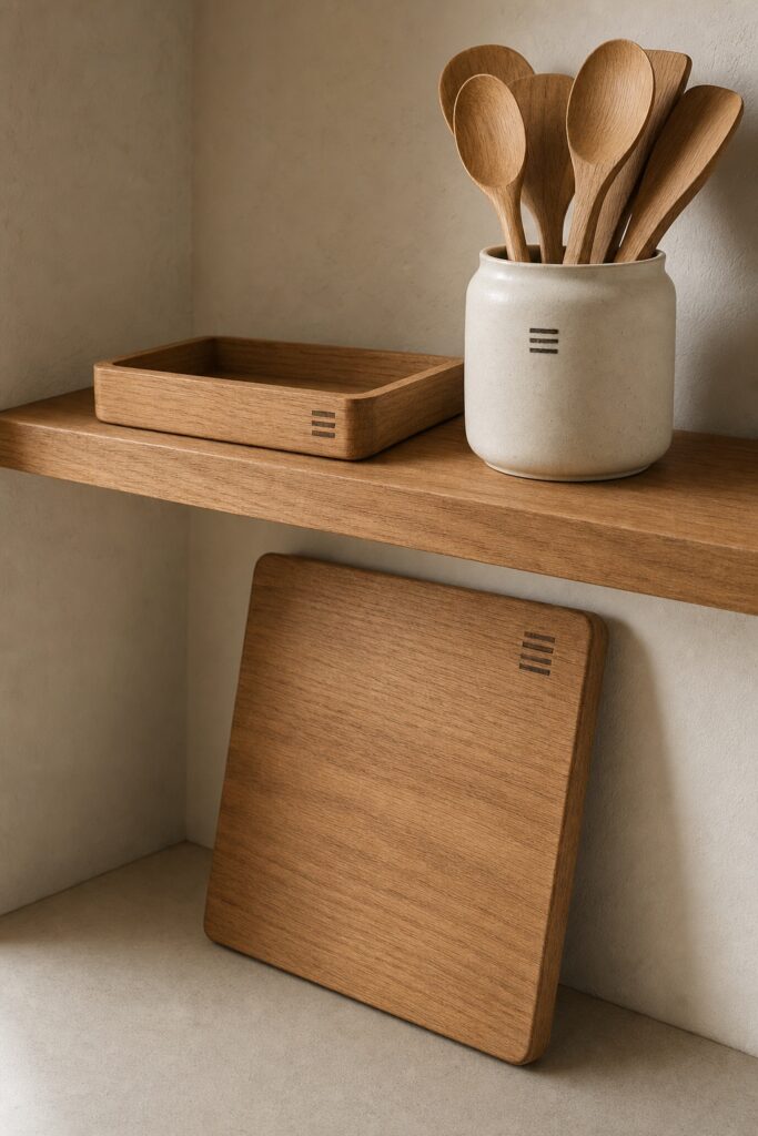 Oak board, oak spoon crock and oak shelf together, all matte and freshly oiled, in a plain kitchen corner