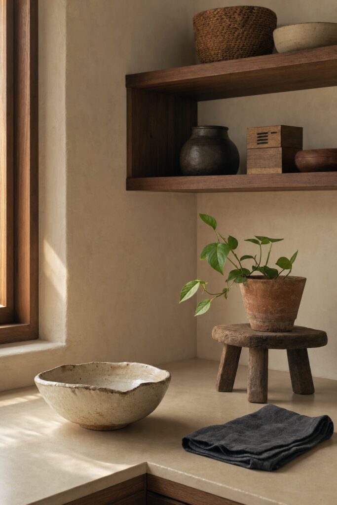 Warm japandi kitchen corner with one hand-thrown bowl, a worn wooden stool and a single plant